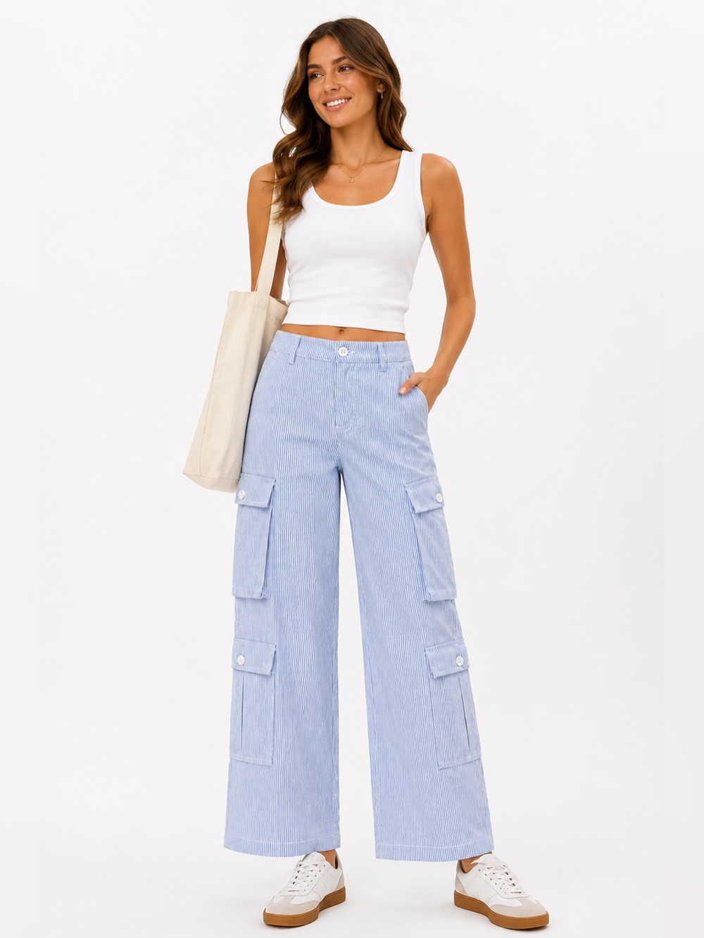 Halara NWT Blue White Striped Seersucker Cargo Wide Leg Pants Medium Womens